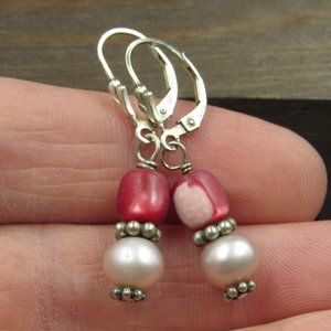 Sterling Silver Red Shell And Real Pearl Dangle Earrings